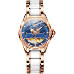 JIN SHI DUN 8831 Women Fashion Diamond Hollowed Waterproof Ceramic Mechanical Watch Blue