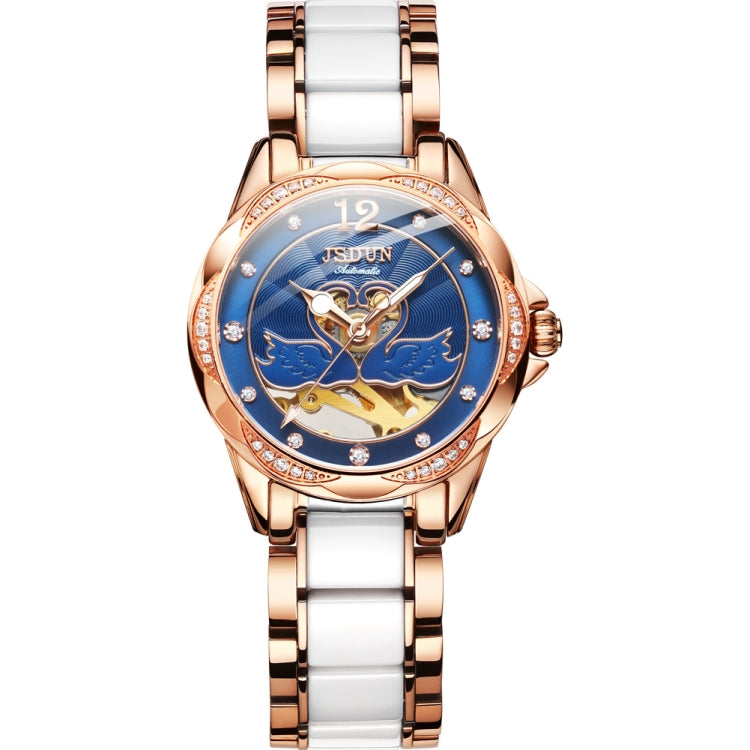 JIN SHI DUN 8831 Women Fashion Diamond Hollowed Waterproof Ceramic Mechanical Watch Blue