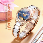 JIN SHI DUN 8831 Women Fashion Diamond Hollowed Waterproof Ceramic Mechanical Watch