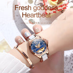 JIN SHI DUN 8831 Women Fashion Diamond Hollowed Waterproof Ceramic Mechanical Watch