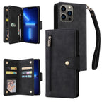 Rivet Buckle 9 Cards Three Fold Leather Phone Case, For iPhone 13 Pro, For iPhone 13 Pro Max For iPhone 13 Pro Black