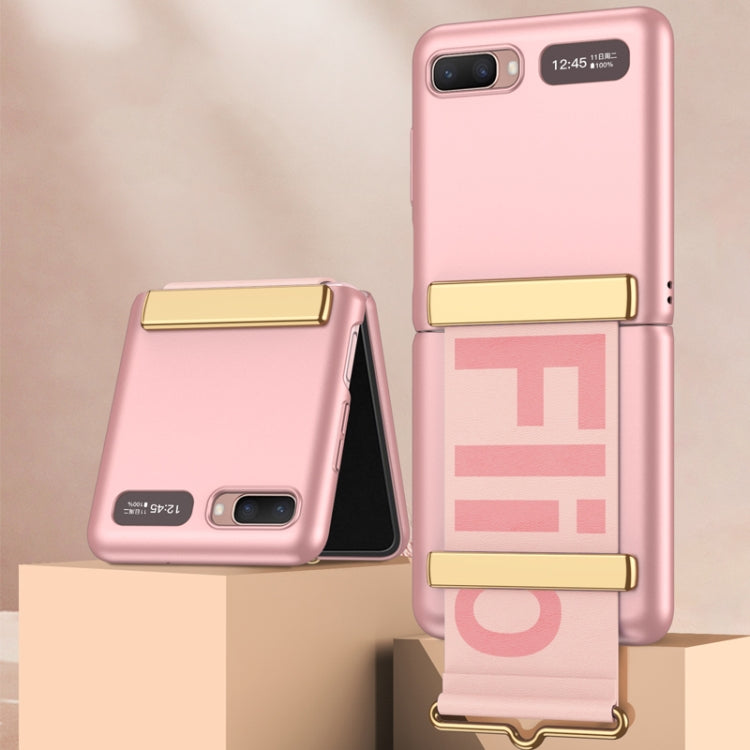 GKK Ultra-thin Full Coverage Phone Flip Case with Wristband, For Samsung Galaxy Z Flip For Samsung Galaxy Z Flip Sweet Pink