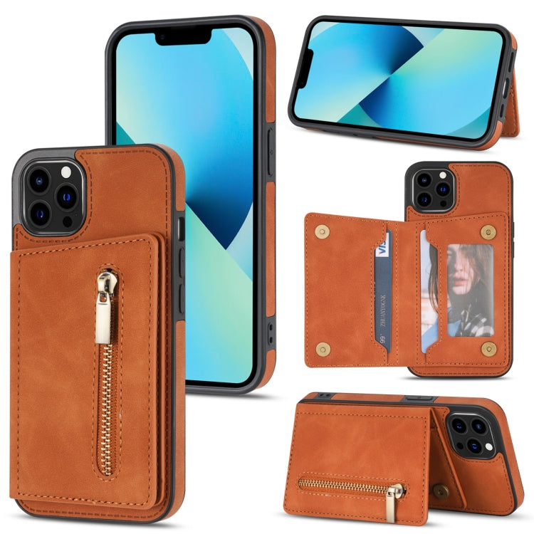 Zipper Card Holder Phone Case – Card Slot, For iPhone 13 mini, For iPhone 13, For iPhone 13 Pro, For iPhone 13 Pro Max For iPhone 13 Pro Brown