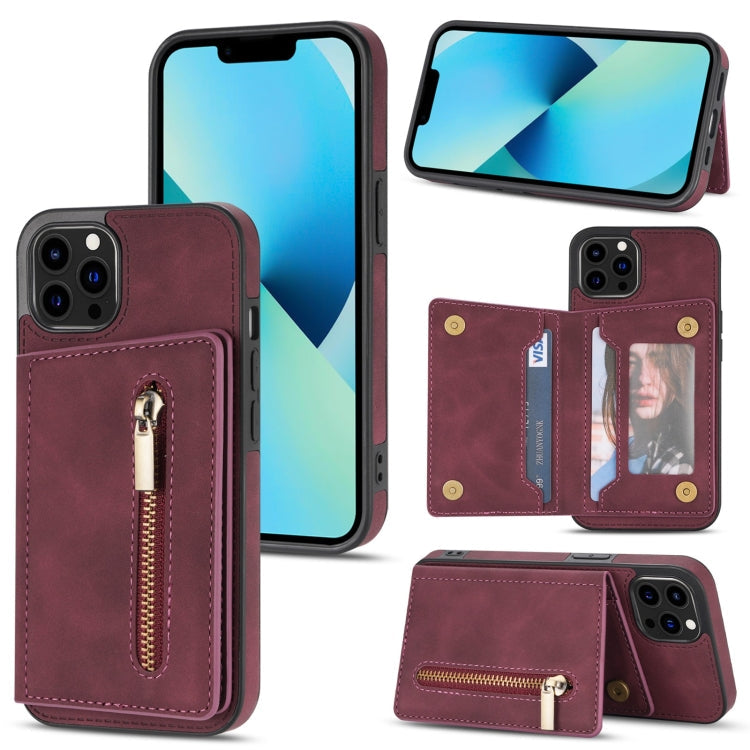 Zipper Card Holder Phone Case – Card Slot, For iPhone 13 mini, For iPhone 13, For iPhone 13 Pro, For iPhone 13 Pro Max For iPhone 13 Pro Max Wine Red