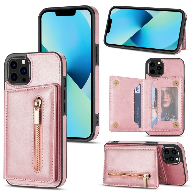 Zipper Card Holder Phone Case – Card Slot, For iPhone 13 mini, For iPhone 13, For iPhone 13 Pro, For iPhone 13 Pro Max For iPhone 13 Pro Max Rose Gold