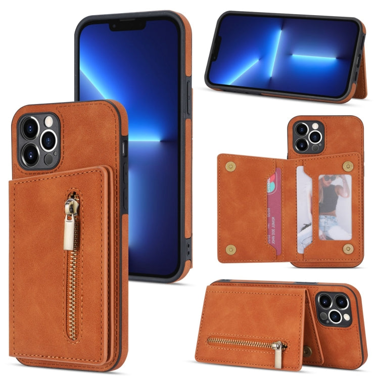 Zipper Card Holder Phone Case – Card Slot, For iPhone SE 2022 / 2020 / 8 / 7, For iPhone 8 Plus / 7 Plus, For iPhone 12 Pro, For iPhone 12 mini For iPhone 12 Pro Brown