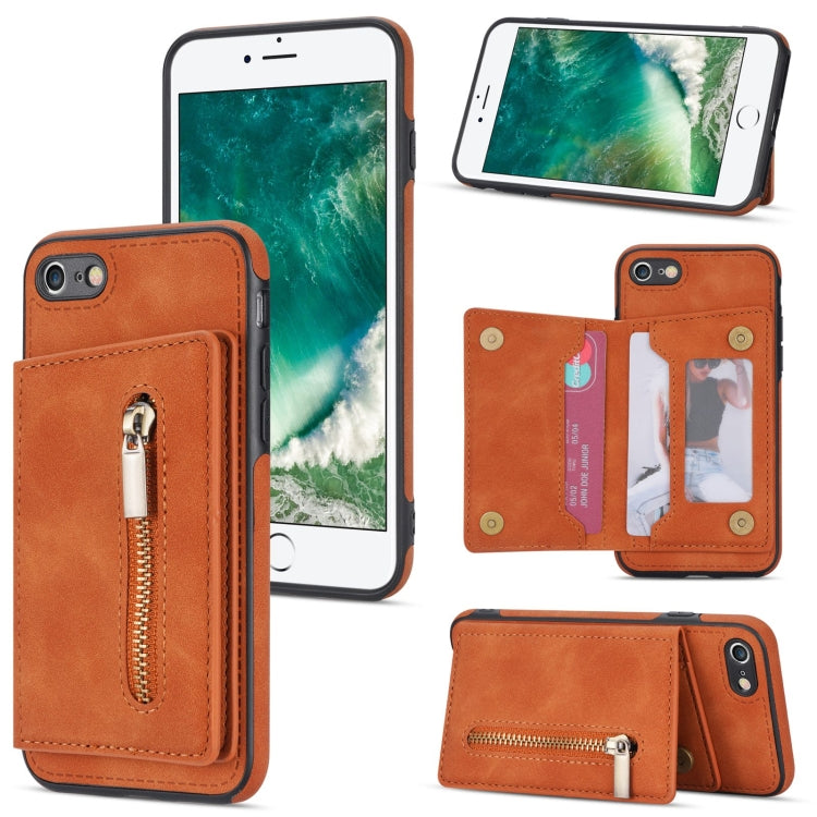 Zipper Card Holder Phone Case – Card Slot, For iPhone SE 2022 / 2020 / 8 / 7, For iPhone 8 Plus / 7 Plus, For iPhone 12 Pro, For iPhone 12 mini For iPhone SE 2022 2020 8 7 Brown