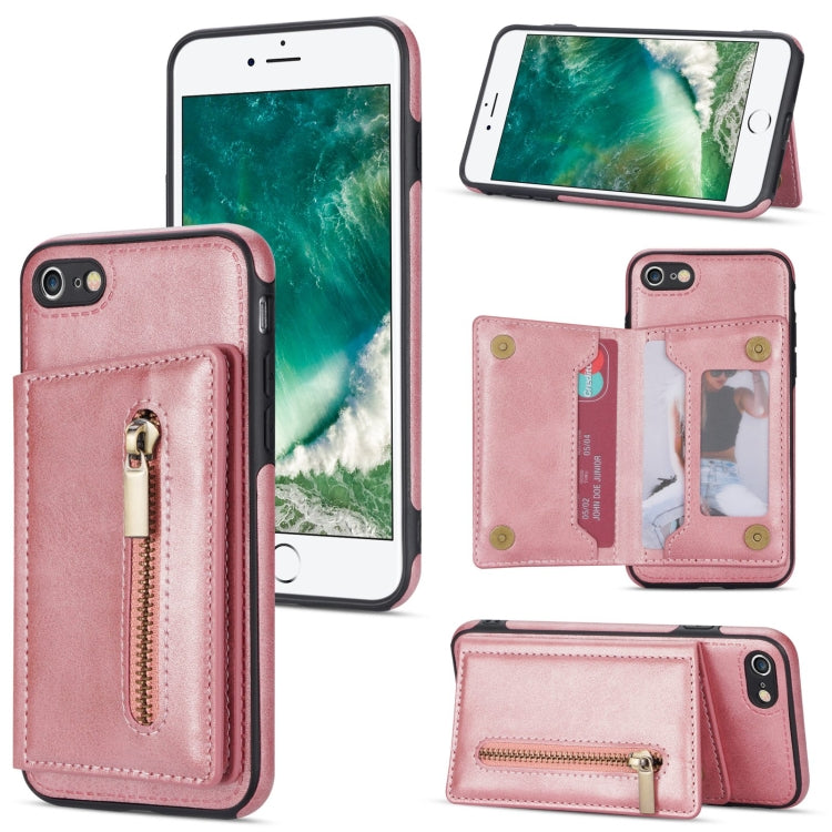 Zipper Card Holder Phone Case – Card Slot, For iPhone SE 2022 / 2020 / 8 / 7, For iPhone 8 Plus / 7 Plus, For iPhone 12 Pro, For iPhone 12 mini For iPhone SE 2022 2020 8 7 Rose Gold