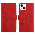 Skin Feel Butterfly Peony Embossed Leather Phone Case, For iPhone 14, For iPhone 14 Plus, For iPhone 14 Pro, For iPhone 14 Pro Max For iPhone 14 Red