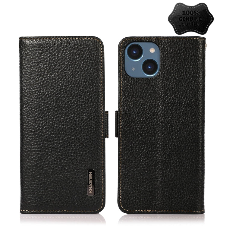 KHAZNEH Side-Magnetic Litchi Genuine Leather RFID Phone Case, For iPhone 14 Plus, For iPhone 14 Pro Max, For iPhone 14 Pro, For iPhone 14 For iPhone 14 Plus Black