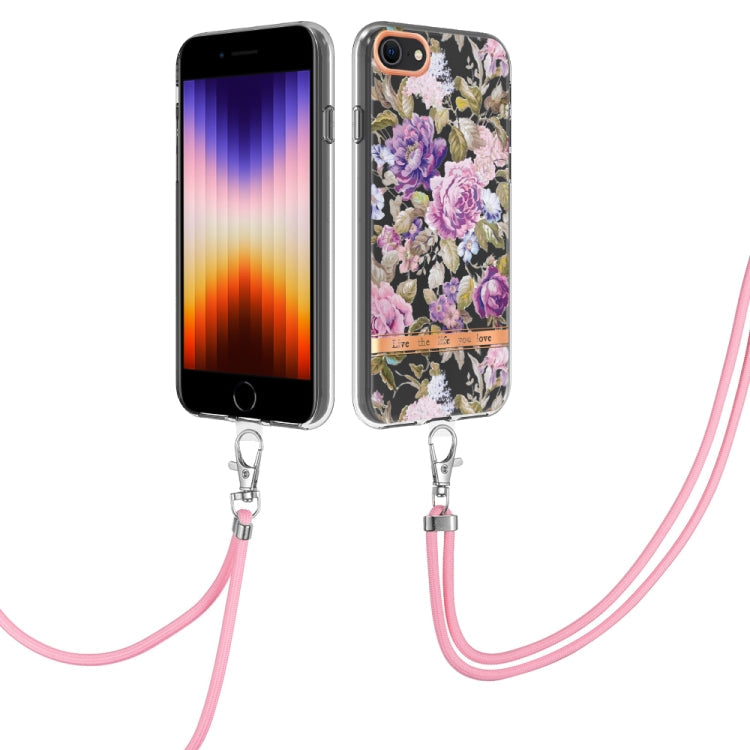 Flowers Series TPU Phone Case with Lanyard, For iPhone SE 2022/SE 2020/8/7, For Motorola Moto G Stylus 2022 4G, For Motorola Moto G31/G41, For Motorola Moto G51 5G For iPhone SE 2022 SE 2020 8 7 Purple Peony