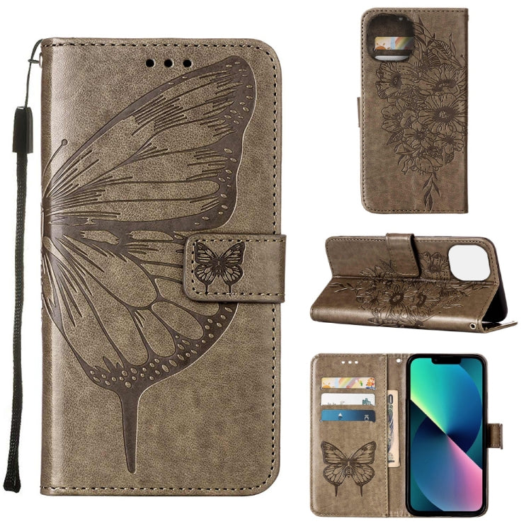 Embossed Butterfly Leather Phone Case, For iPhone 14, For iPhone 14 Plus, For iPhone 14 Pro For iPhone 14 Grey