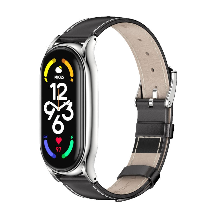 MIJOBS Plus Genuine Leather Watch Band, For Xiaomi Mi Band 7 / 7 NFC For Xiaomi Mi Band 7 7 NFC Black Silver