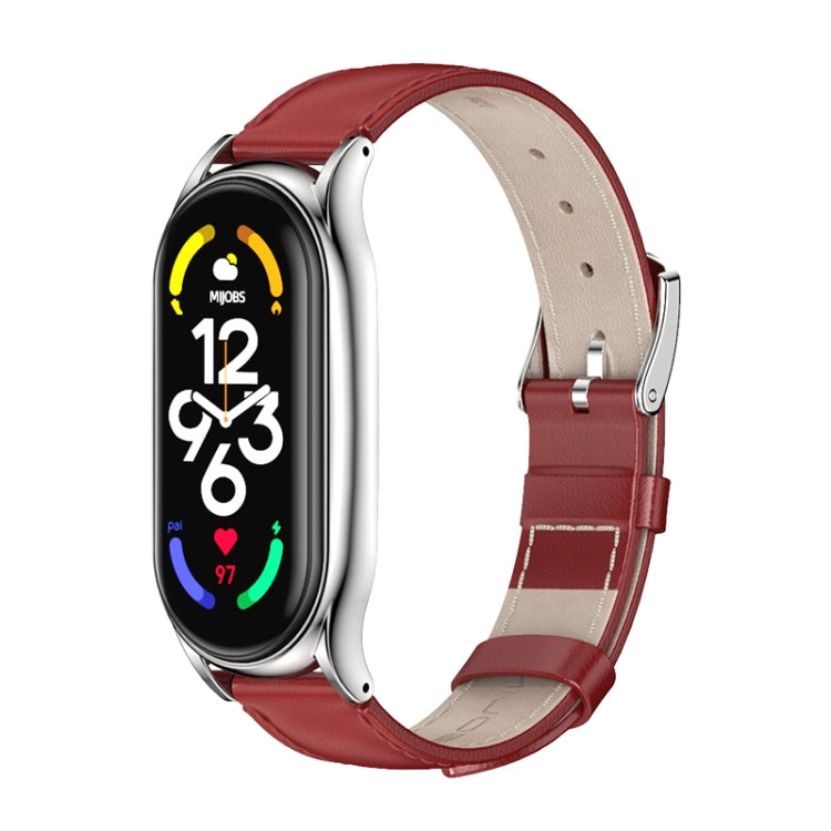 MIJOBS Plus Genuine Leather Watch Band, For Xiaomi Mi Band 7 / 7 NFC For Xiaomi Mi Band 7 7 NFC Red Silver