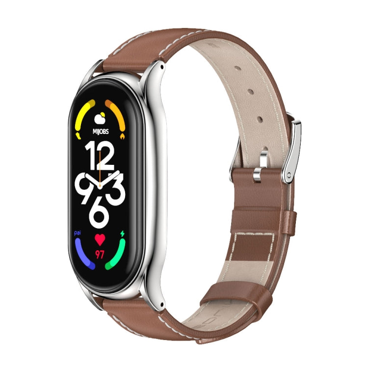 MIJOBS Plus Genuine Leather Watch Band, For Xiaomi Mi Band 7 / 7 NFC For Xiaomi Mi Band 7 7 NFC Brown SIlver