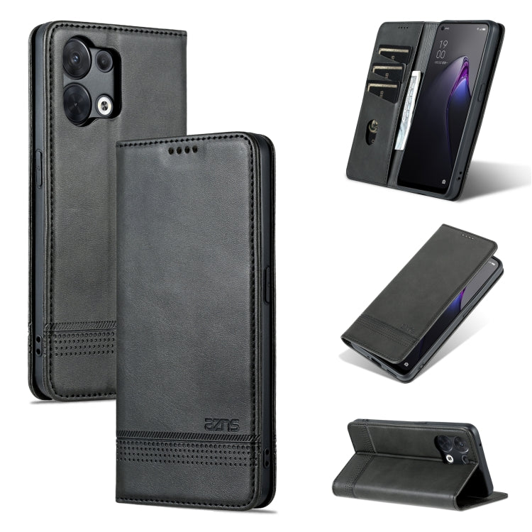 AZNS Magnetic Calf Texture Flip Leather Phone Case – Magnetic, Card Slot, Flip, For OPPO Reno8, For OPPO Reno8 Pro, For Honor 70, For Honor 70 Pro For OPPO Reno8 Black