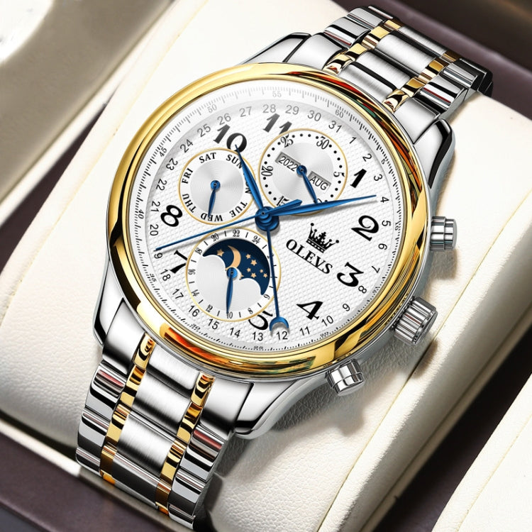 OLEVS 6667 Multifunction Waterproof Luminous Mechanical Men Watch Steel Band+Gold White