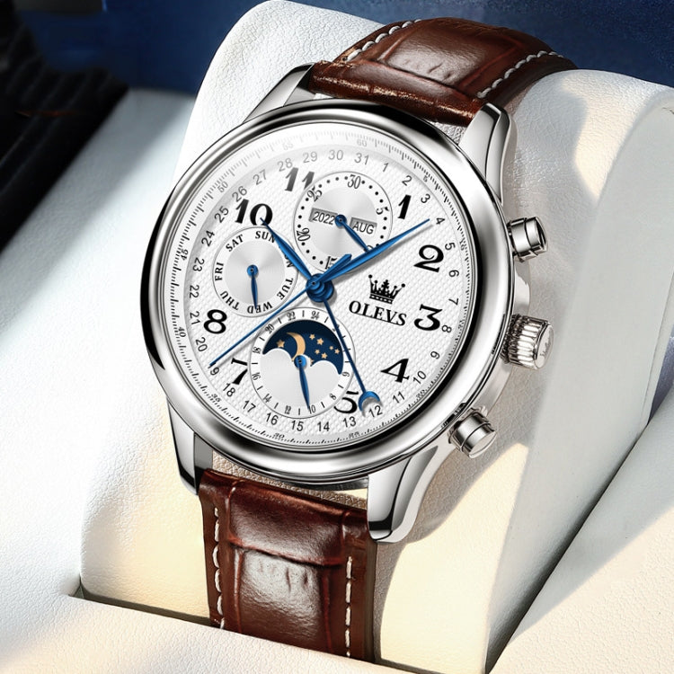 OLEVS 6667 Multifunction Waterproof Luminous Mechanical Men Watch Leather Band+White