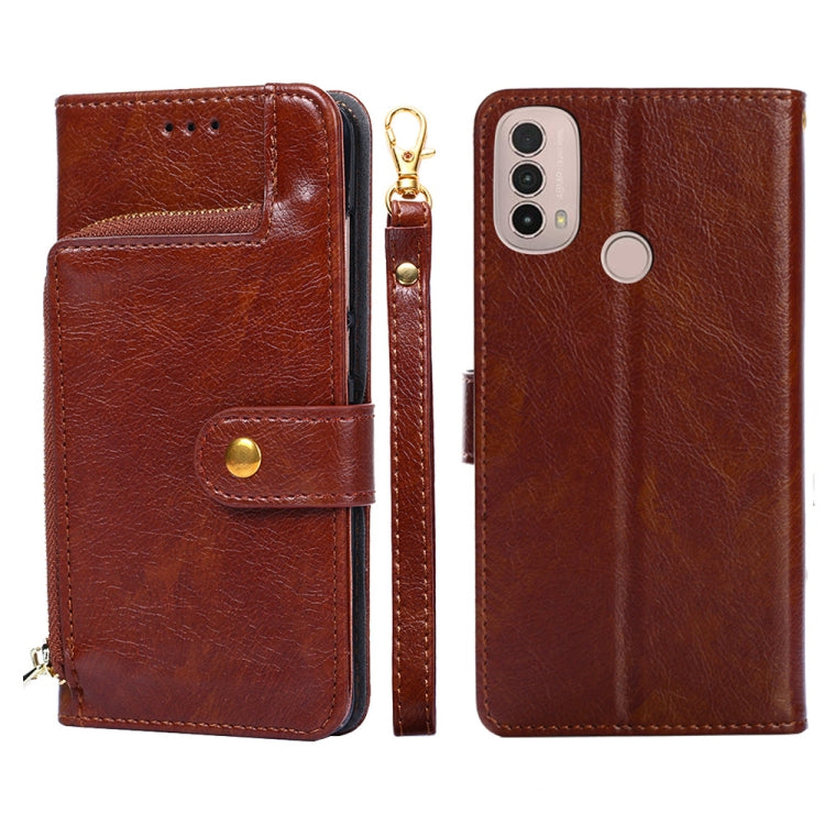 Zipper Bag PU + TPU Horizontal Flip Leather Case – Card Slot, Flip, Leather, For Motorola Moto G 5G 2022, For Motorola G Pure, For OnePlus Nord 2T, For Motorola Moto E20, For OnePlus Nord CE 2 Lite 5G, For Motorola Moto E40 For Motorola Moto E40 Brown
