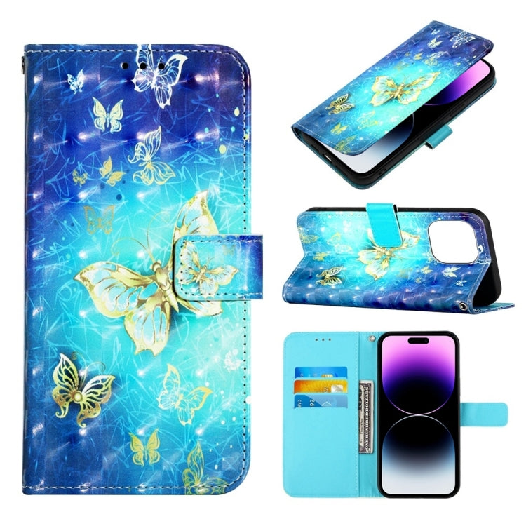 3D Painting Horizontal Flip Leather Phone Case, For iPhone 14 Pro Max For iPhone 14 Pro Max Golden Butterfly