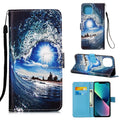 Painted Flat Texture Leather Case with Lanyard & Card Slot & Wallet & Holder, For iPhone 14, For iPhone 14 Plus, For iPhone 14 Pro For iPhone 14 Waves Sun