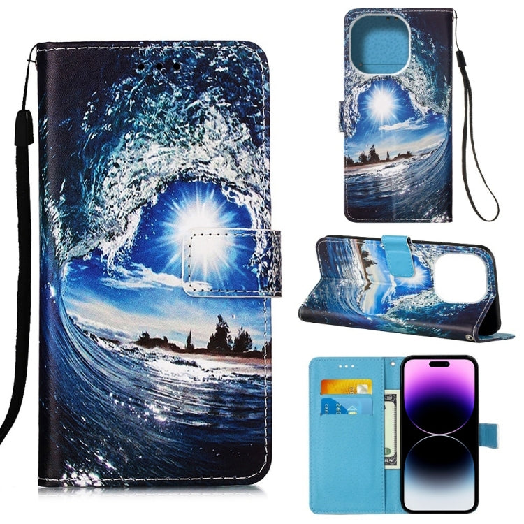 Painted Flat Texture Leather Case with Lanyard & Card Slot & Wallet & Holder, For iPhone 14 Pro Max For iPhone 14 Pro Max Waves Sun