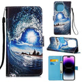 Painted Flat Texture Leather Case with Lanyard & Card Slot & Wallet & Holder, For iPhone 14 Pro Max For iPhone 14 Pro Max Waves Sun