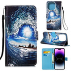 Painted Flat Texture Leather Case with Lanyard & Card Slot & Wallet & Holder, For iPhone 14 Pro Max For iPhone 14 Pro Max Waves Sun