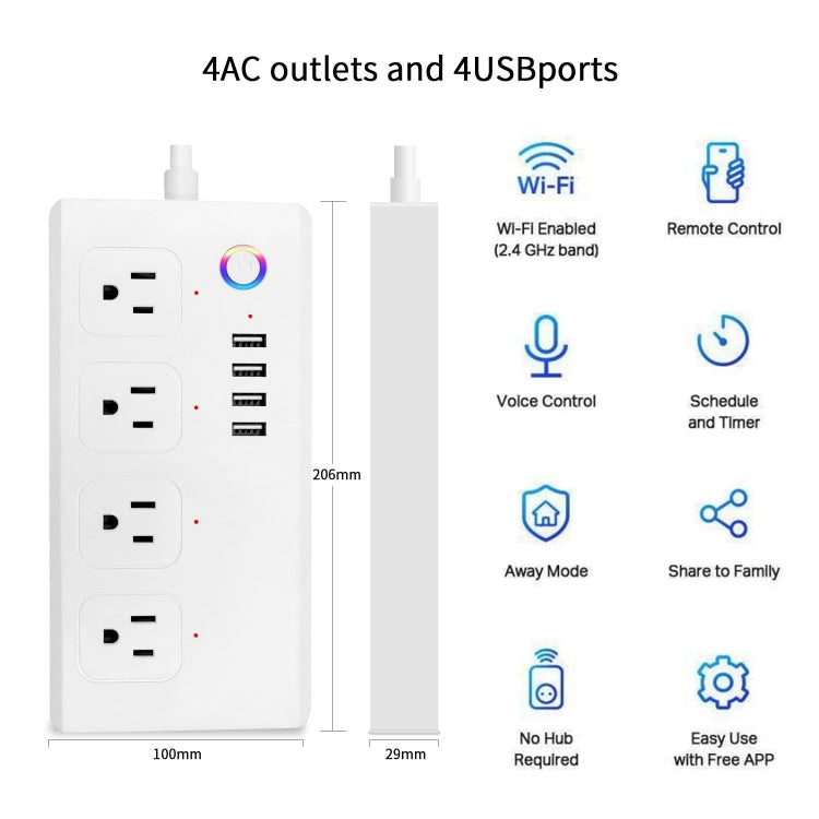 SM-SO301-U 2500W 4 Holes + 4 USB Smart Power Strip, US Plug, ZigBee 10A, WiFi 10A