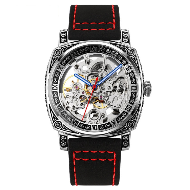 SKMEI 9271 Stainless Steel Buckle Leather Strap Waterproof Mechanical Watch Red
