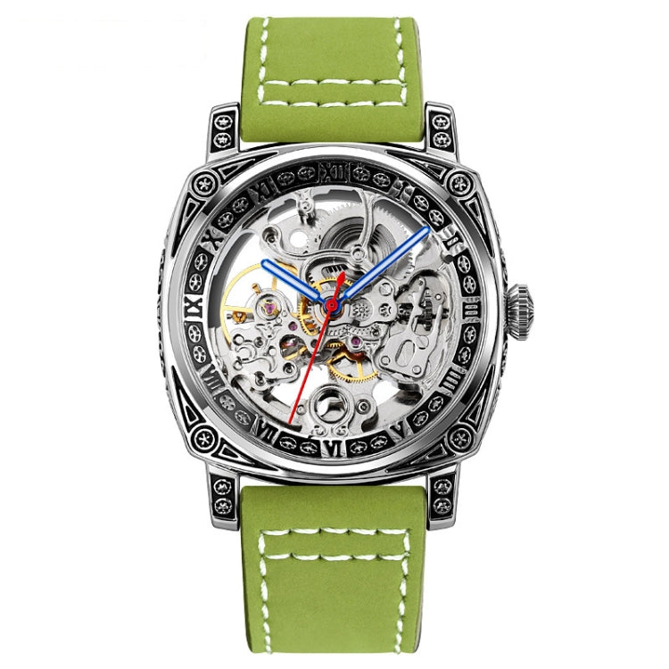 SKMEI 9271 Stainless Steel Buckle Leather Strap Waterproof Mechanical Watch Green