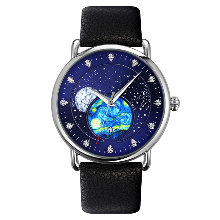 SKMEI 9283 Stainless Steel Buckle Glass Mirror Waterproof Quartz Watch, Steel Belt, Leather Belt Leather Belt Blue