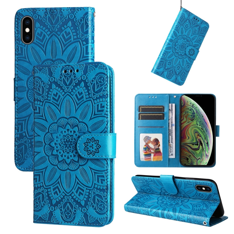Embossed Sunflower Leather Phone Case – Wear-resistant, Card Slot, Kickstand, For iPhone XS Max, For iPhone SE 2022 / SE 2020 / 7 / 8, For iPhone 7 Plus / 8 Plus For iPhone XS Max Blue