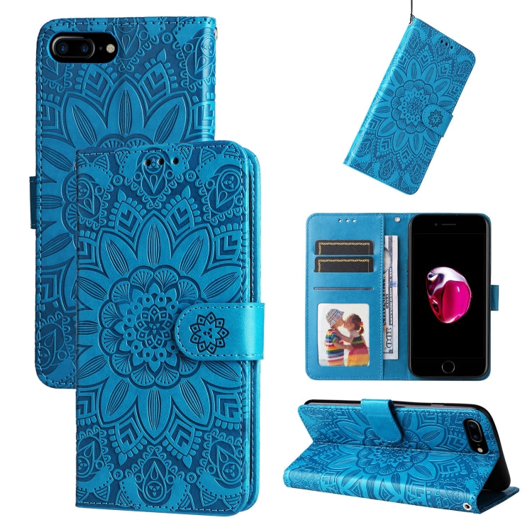 Embossed Sunflower Leather Phone Case – Wear-resistant, Card Slot, Kickstand, For iPhone XS Max, For iPhone SE 2022 / SE 2020 / 7 / 8, For iPhone 7 Plus / 8 Plus For iPhone 7 Plus 8 Plus Blue