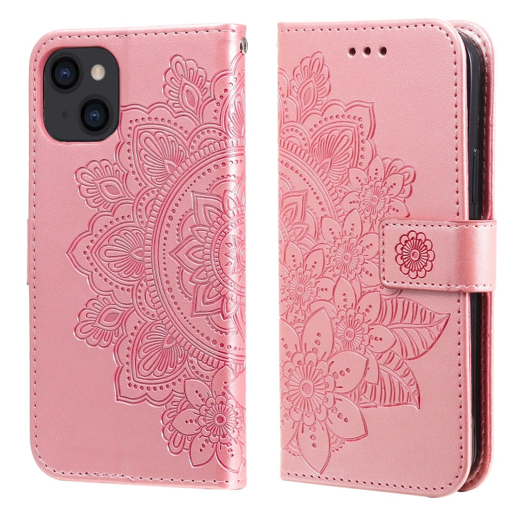 7-petal Flowers Embossing Leather Case, For iPhone 14, For iPhone 14 Plus, For iPhone 14 Pro, For iPhone 14 Pro Max For iPhone 14 Rose Gold