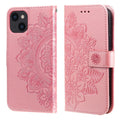 7-petal Flowers Embossing Leather Case, For iPhone 14, For iPhone 14 Plus, For iPhone 14 Pro, For iPhone 14 Pro Max For iPhone 14 Rose Gold