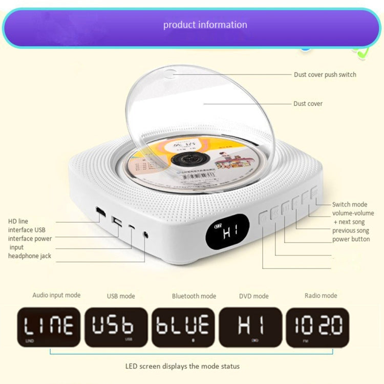 Kecag KC-609 Wall Mounted Home DVD Player Bluetooth CD Player, DVD/CD+Connectable TV + Plug-In Version, CD Version+ Not Connected to TV+ Plug-In Version, CD Version +Not Connected to TV + Charging Version, CD Version +                                 ...
