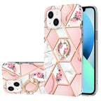 Electroplating Splicing Marble Flower Pattern TPU Shockproof Case with Rhinestone Ring Holder, For iPhone 14, For iPhone 14 Plus, For iPhone 14 Pro, For iPhone 14 Pro Max For iPhone 14 Pink Flower
