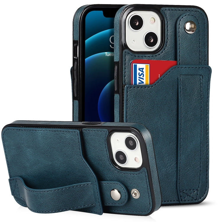 Wrist Strap Holder Phone Case – Card Slot, Leather, TPU, For iPhone 14 Plus For iPhone 14 Plus Sapphire Blue