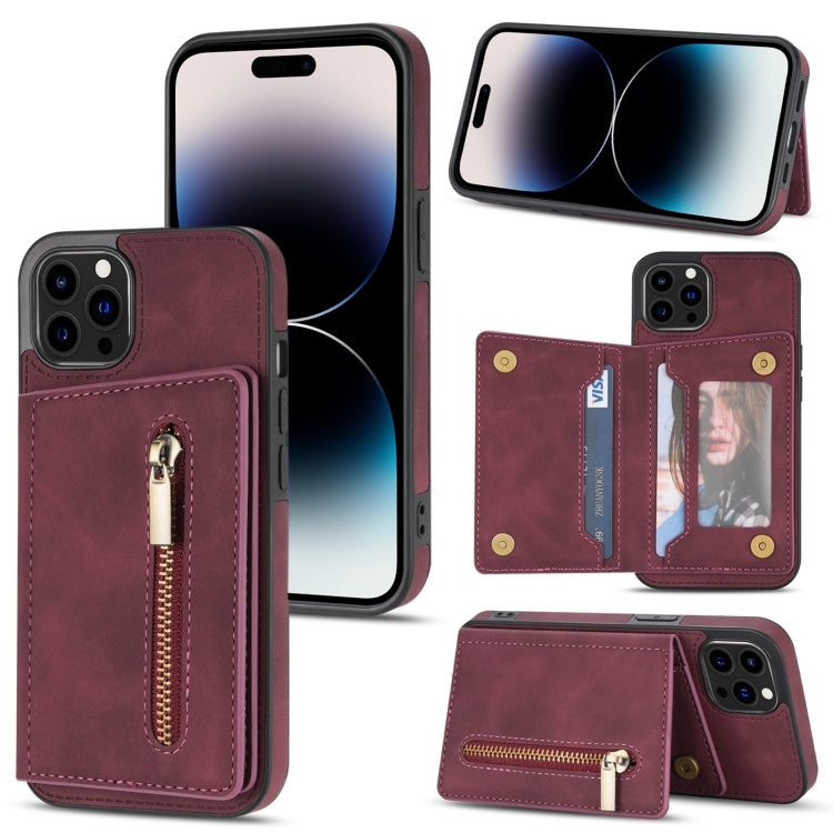 Zipper Card Holder Phone Case, For iPhone 14 Pro Max, For iPhone 14... For iPhone 14 Pro Max Wine Red