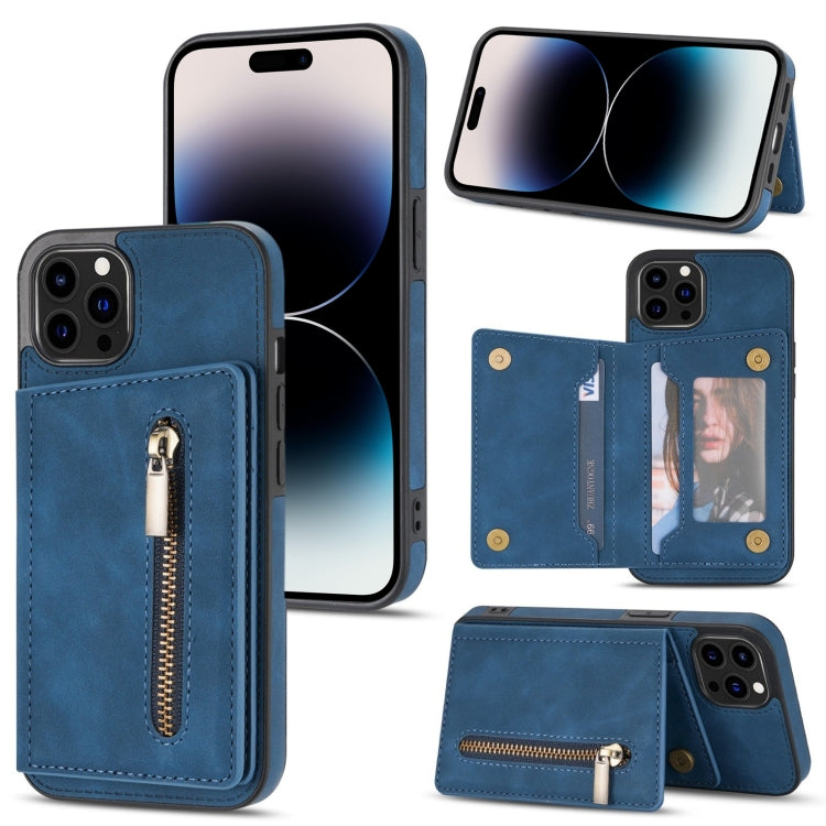 Zipper Card Holder Phone Case, For iPhone 14 Pro Max, For iPhone 14... For iPhone 14 Pro Blue