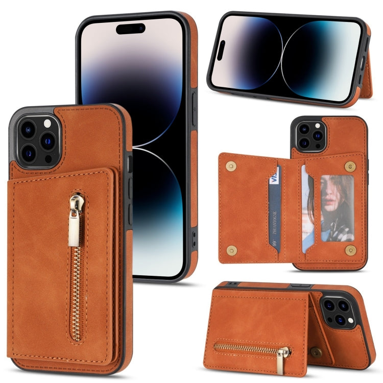 Zipper Card Holder Phone Case, For iPhone 14 Pro Max, For iPhone 14... For iPhone 14 Pro Brown