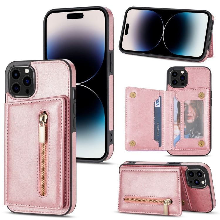 Zipper Card Holder Phone Case, For iPhone 14 Pro Max, For iPhone 14... For iPhone 14 Pro Rose Gold