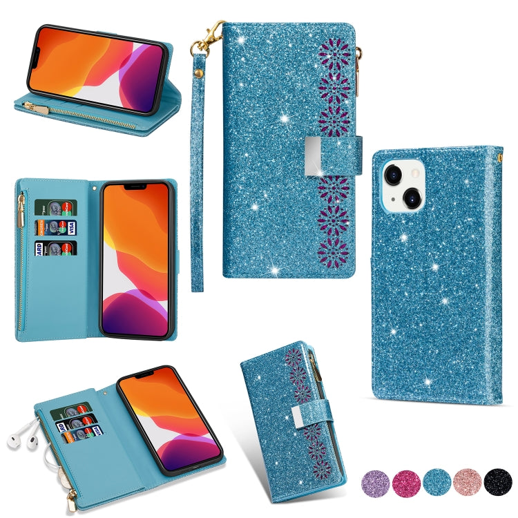 Multi-card Slots Laser Carving Glitter Zipper Leather Case, For iPhone 14, For iPhone 14 Max, For iPhone 14 Pro, For iPhone 14 Pro Max For iPhone 14 Sky Blue