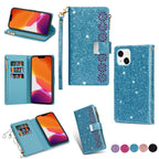 Multi-card Slots Laser Carving Glitter Zipper Leather Case, For iPhone 14, For iPhone 14 Max, For iPhone 14 Pro, For iPhone 14 Pro Max For iPhone 14 Sky Blue