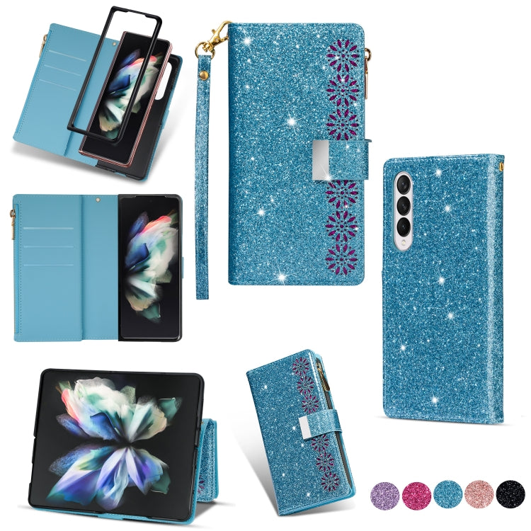 Multi-card Slots Laser Carving Glitter Zipper Leather Case, For Samsung Galaxy Z Fold 4 For Samsung Galaxy Z Fold 4 Sky Blue