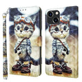 3D Painted Leather Phone Case, For iPhone 14, For iPhone 14 Plus, For iPhone 14 Pro For iPhone 14 Naughty Cat