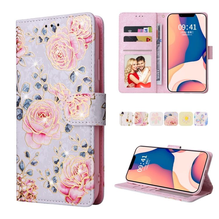 Bronzing Painting RFID Leather Case, For iPhone 14, For iPhone 14 Plus, For iPhone 14 Pro, For iPhone 14 Pro Max For iPhone 14 Pastoral Rose