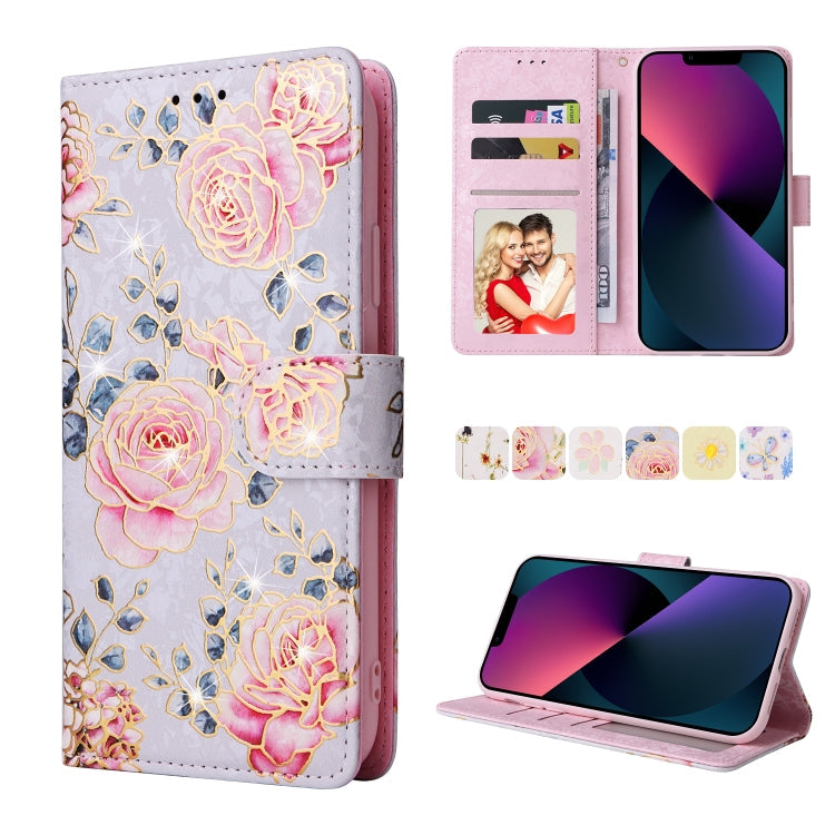 Bronzing Painting RFID Leather Case, For iPhone 13 mini, For iPhone 13, For iPhone 13 Pro, For iPhone 13 Pro Max For iPhone 13 mini Pastoral Rose