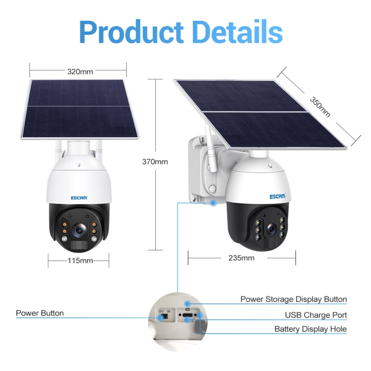 ESCAM QF724 3MP 24h Recording Cloud Storage PT 4G PIR Alarm IP Camera with Solar Panel, US Plug, EU Plug – Waterproof